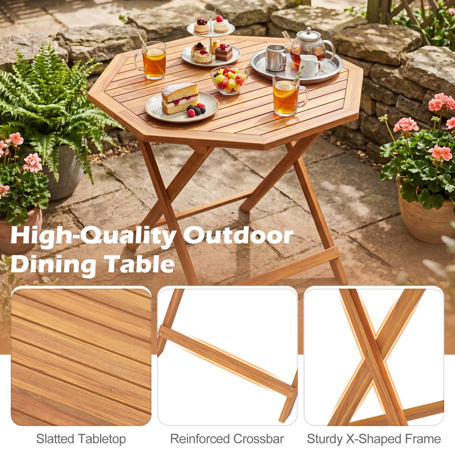 Acacia Wood Outdoor Folding Dining Table for 4 Octagonal with Slatted Tabletop, Natural Patio Dining Tables at Gallery Canada