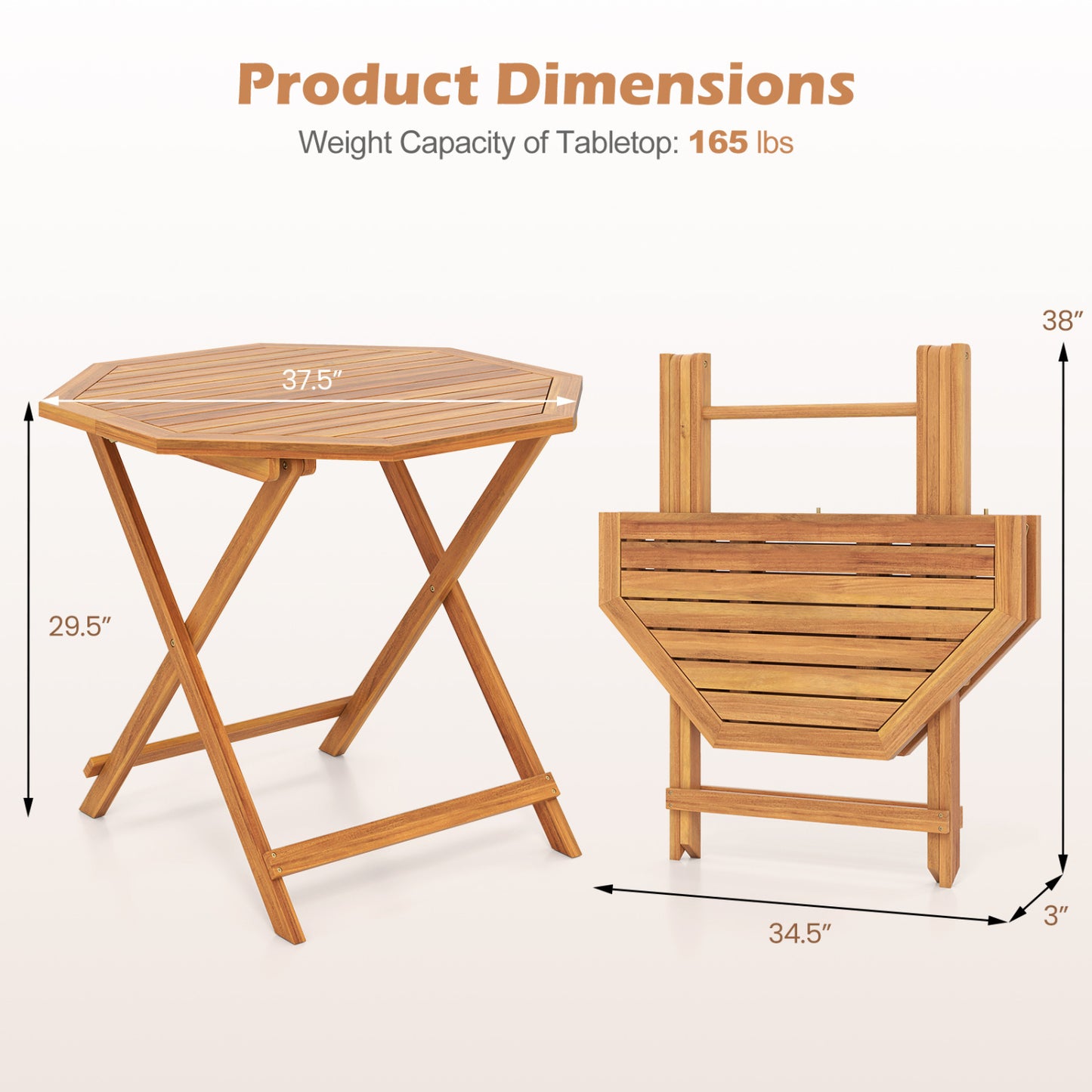 Acacia Wood Outdoor Folding Dining Table for 4 Octagonal with Slatted Tabletop, Natural Patio Dining Tables at Gallery Canada