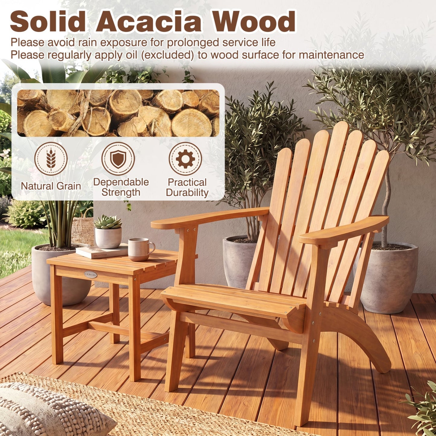 Acacia Wood Outdoor Patio Chair with 400 lbs Weight Capacity, Natural