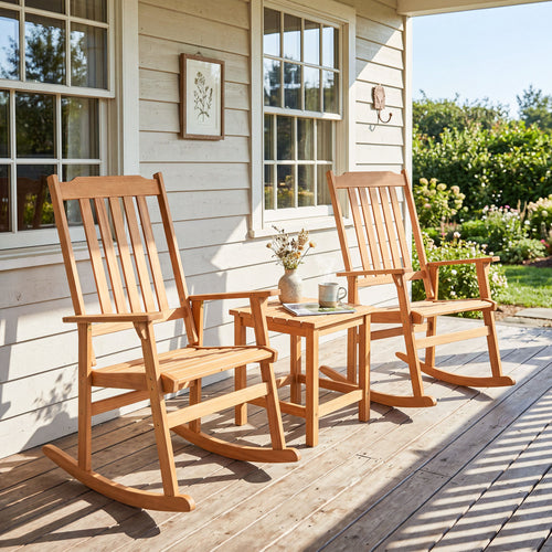 Acacia Wood Oversized Rocking Chair with High Back and Armrests for Outdoor, Natural