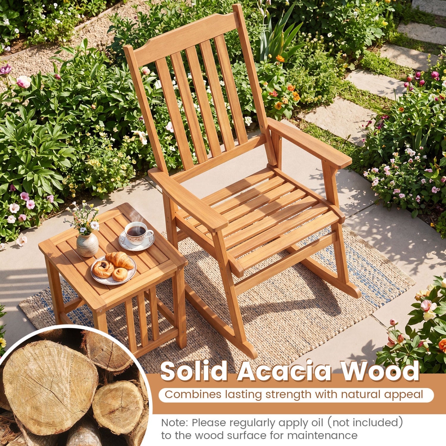 Acacia Wood Oversized Rocking Chair with High Back and Armrests for Outdoor, Natural Patio Rocking Chairs & Gliders at Gallery Canada