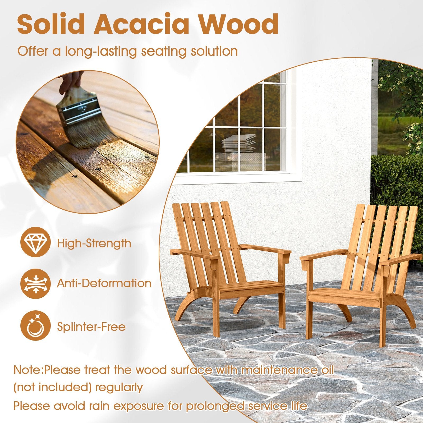 Acacia Wood Patio Adirondack Chair with Inclined Seat and High Backrest for Porch, Natural Adirondack Chairs at Gallery Canada