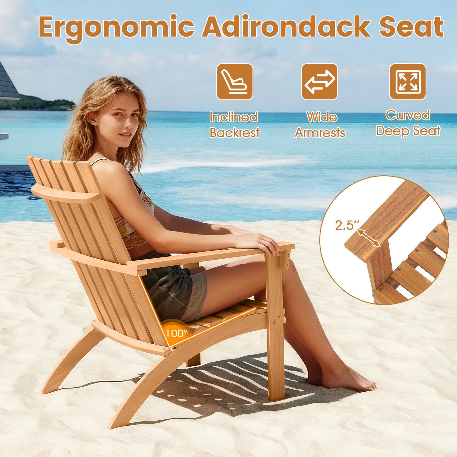 Acacia Wood Patio Adirondack Chair with Inclined Seat and High Backrest for Porch, Natural Adirondack Chairs at Gallery Canada