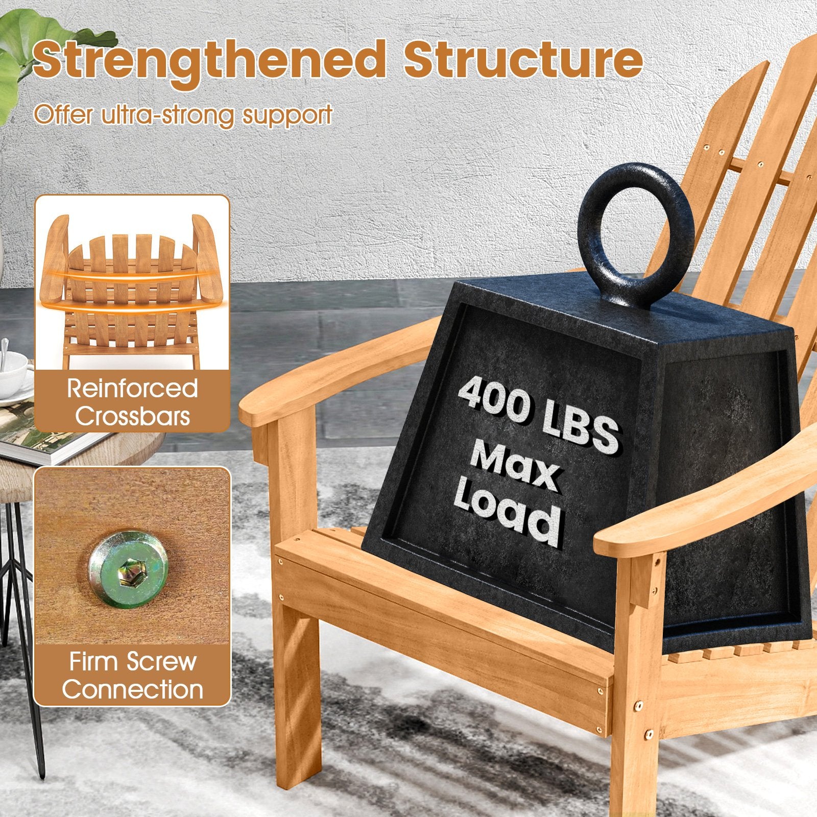 Acacia Wood Patio Adirondack Chair with Inclined Seat and High Backrest for Porch Poolside, Natural Adirondack Chairs at Gallery Canada