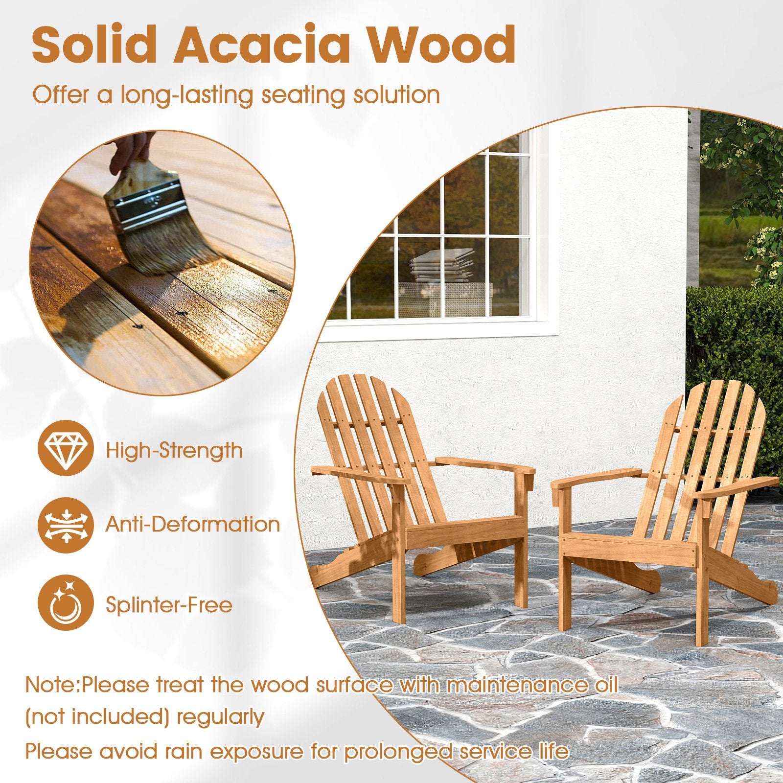 Acacia Wood Patio Adirondack Chair with Inclined Seat and High Backrest for Porch Poolside, Natural Adirondack Chairs at Gallery Canada
