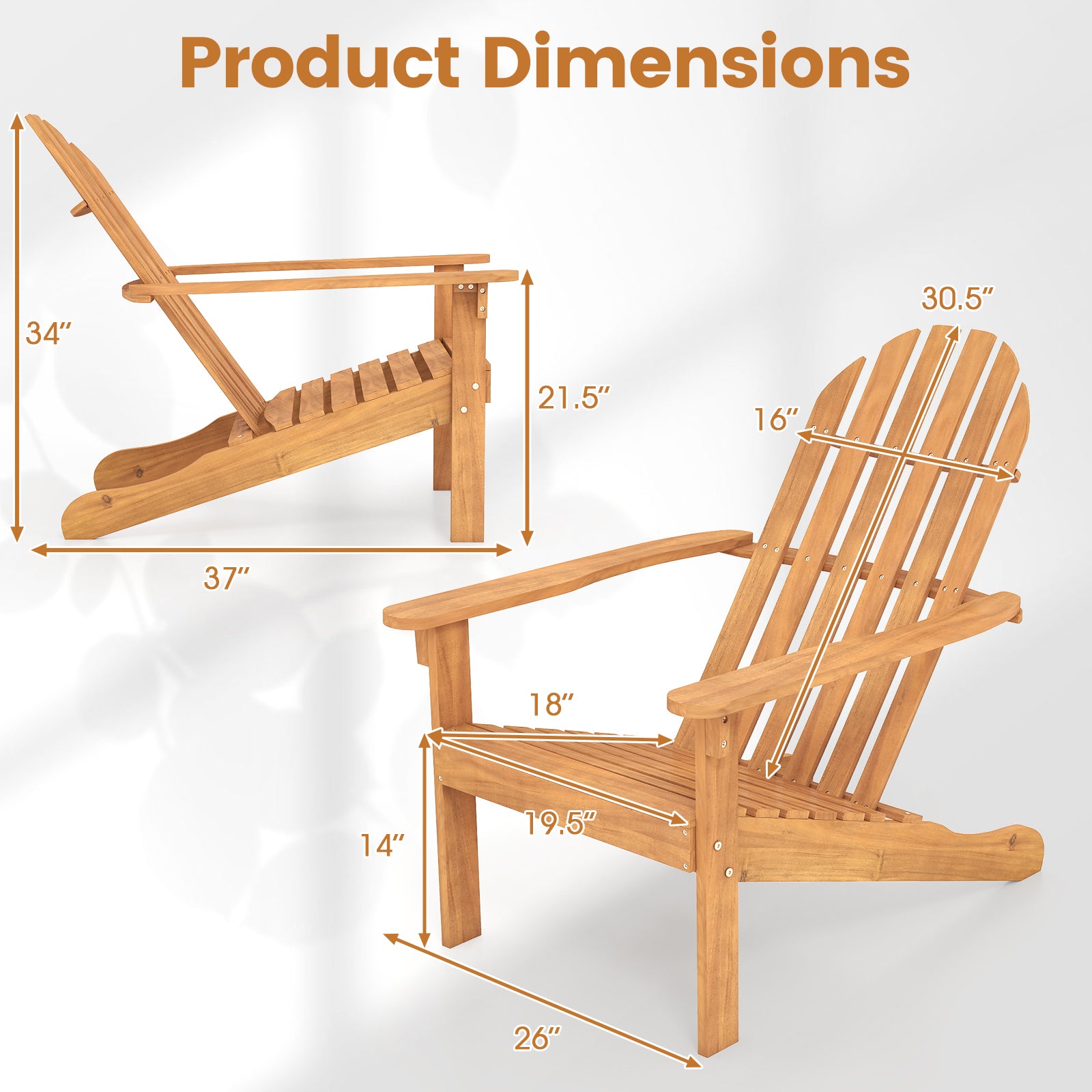 Acacia Wood Patio Adirondack Chair, Inclined Seat, High Backrest, Natural Adirondack Chairs at Gallery Canada