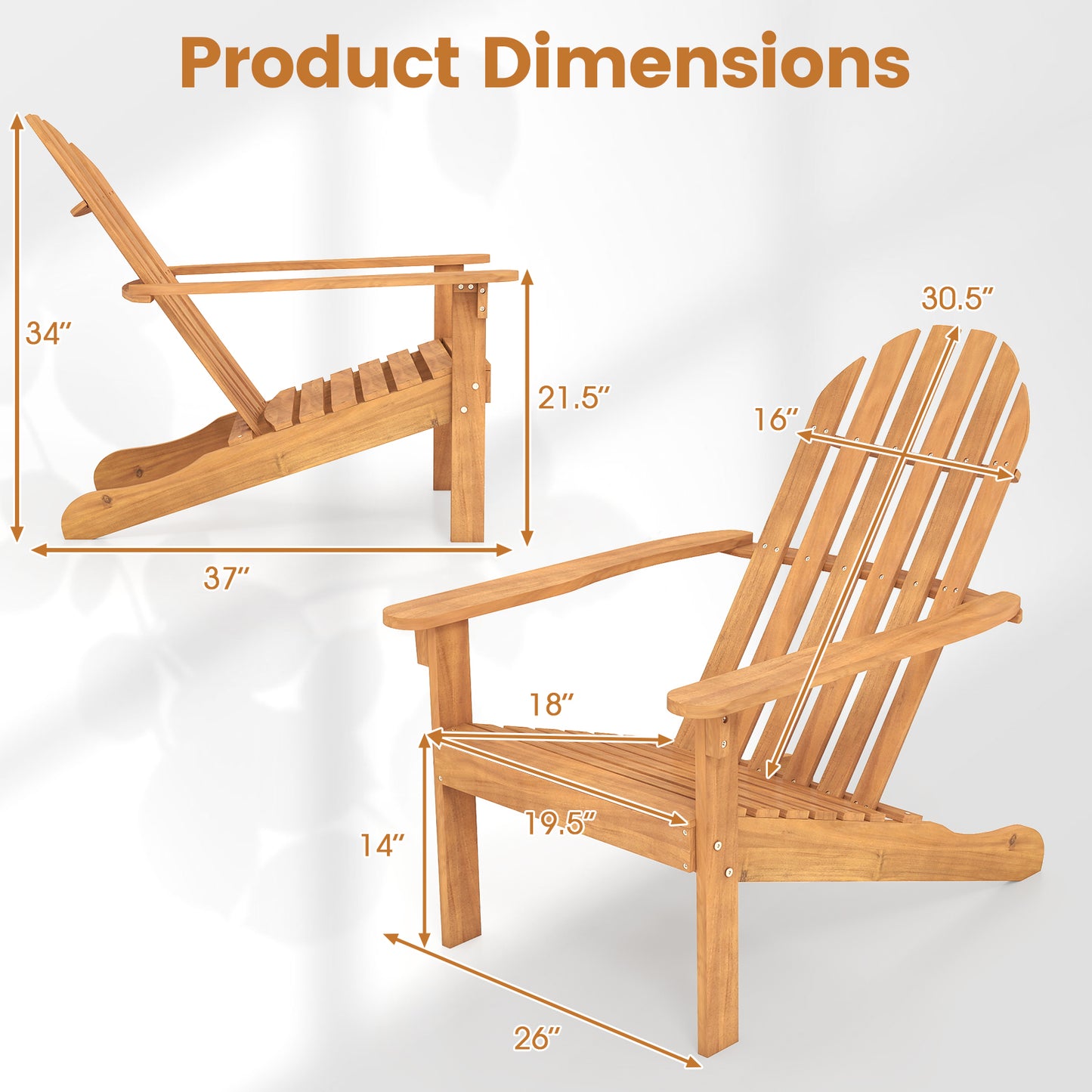 Acacia Wood Patio Adirondack Chair, Inclined Seat, High Backrest, Natural Adirondack Chairs at Gallery Canada