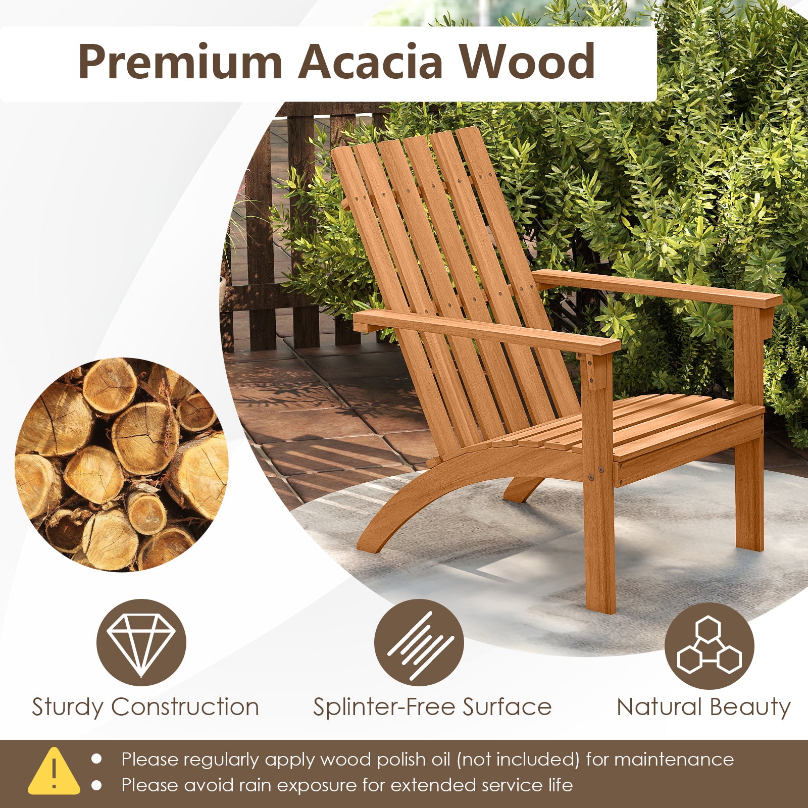 Acacia Wood Patio Adirondack Chair, Inclined Seat, High Backrest, Natural Adirondack Chairs at Gallery Canada
