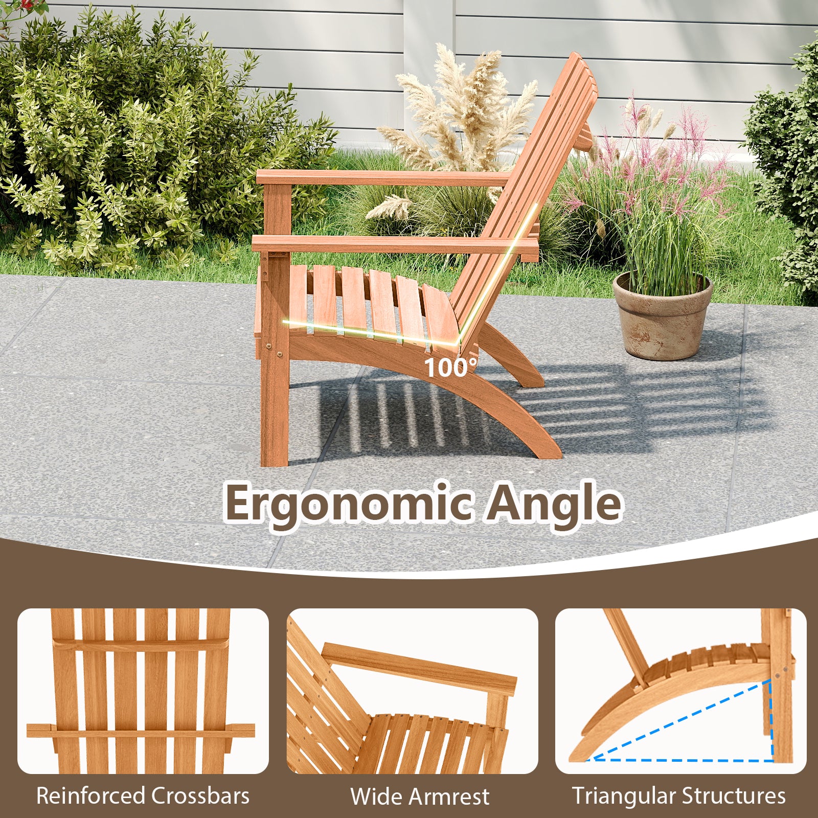 Acacia Wood Patio Adirondack Chair, Inclined Seat, High Backrest, Natural Adirondack Chairs at Gallery Canada