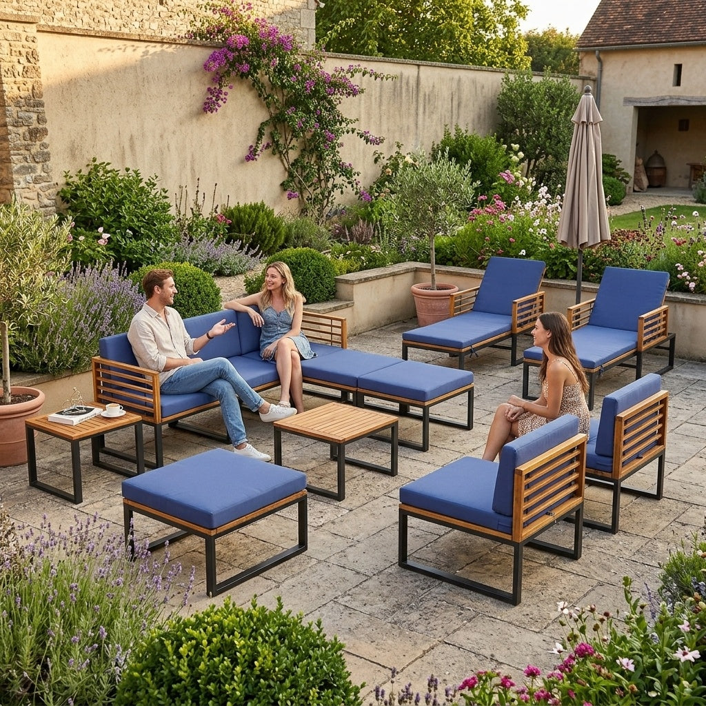 Acacia Wood Patio Furniture Set-Lounge Chair Conversation Sofa Set & Dining Table Set, Navy Patio Furniture Sets at Gallery Canada
