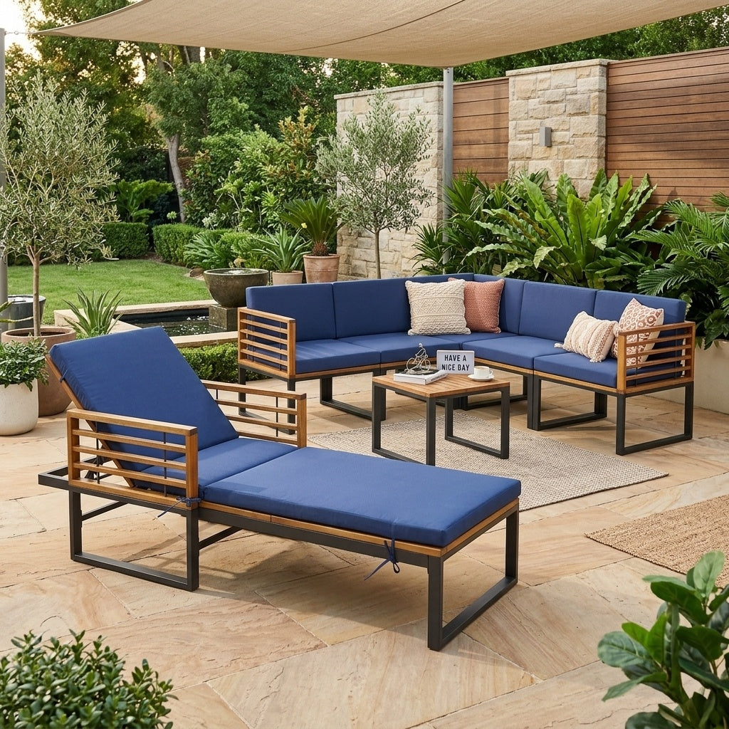 Acacia Wood Patio Furniture Set-Lounge Chair Conversation Sofa Set & Dining Table Set, Navy Patio Furniture Sets at Gallery Canada