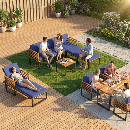 Acacia Wood Patio Furniture Set-Lounge Chair Conversation Sofa Set & Dining Table Set, Navy Patio Furniture Sets at Gallery Canada