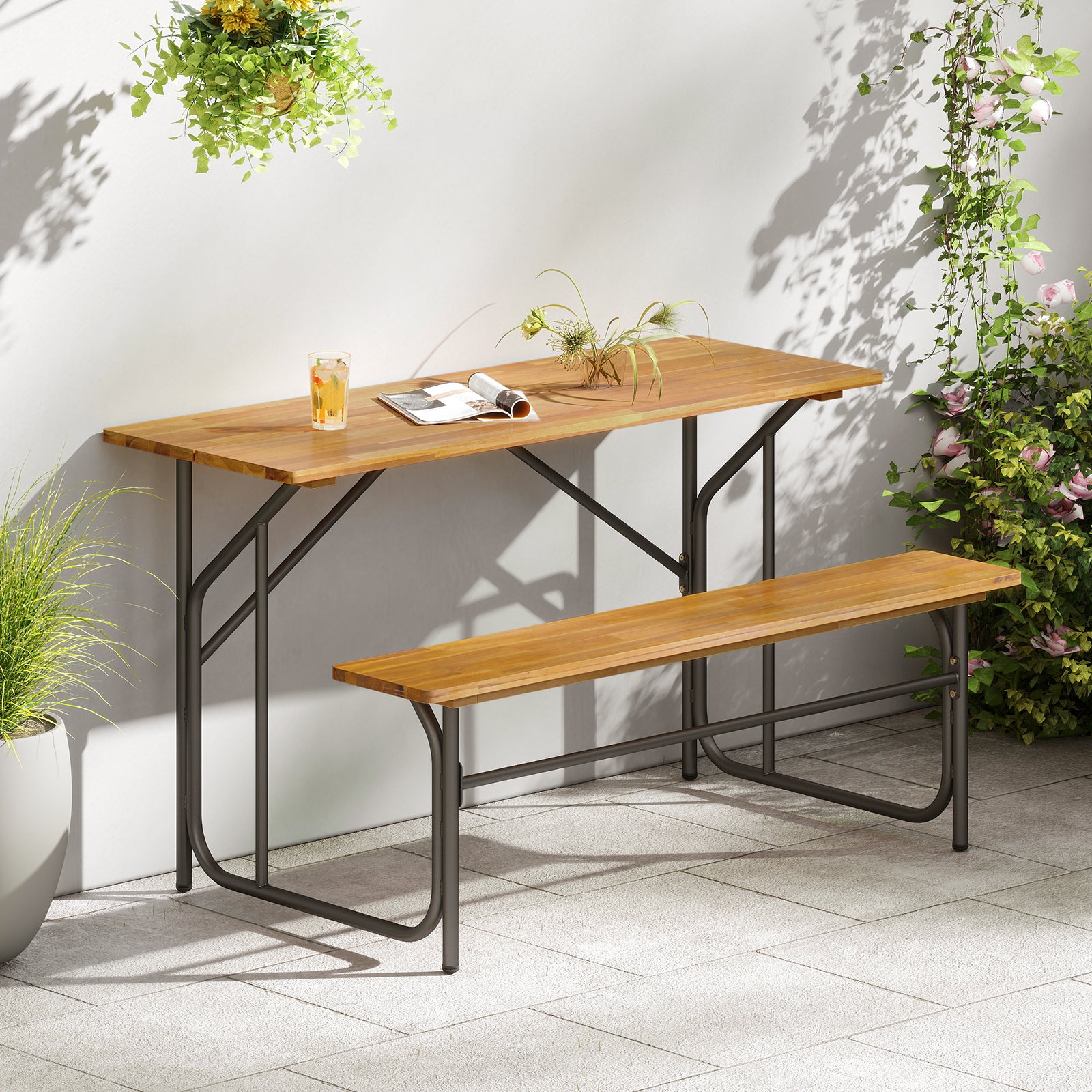 Acacia Wood Patio Table Bench for 2 People One-Side Picnic Table, Natural Picnic Tables at Gallery Canada