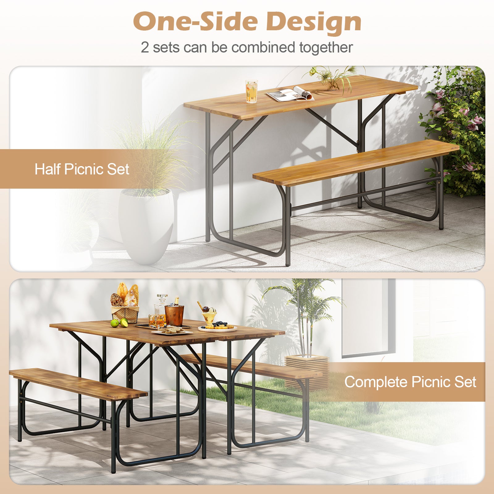 Acacia Wood Patio Table Bench for 2 People One-Side Picnic Table, Natural Picnic Tables at Gallery Canada