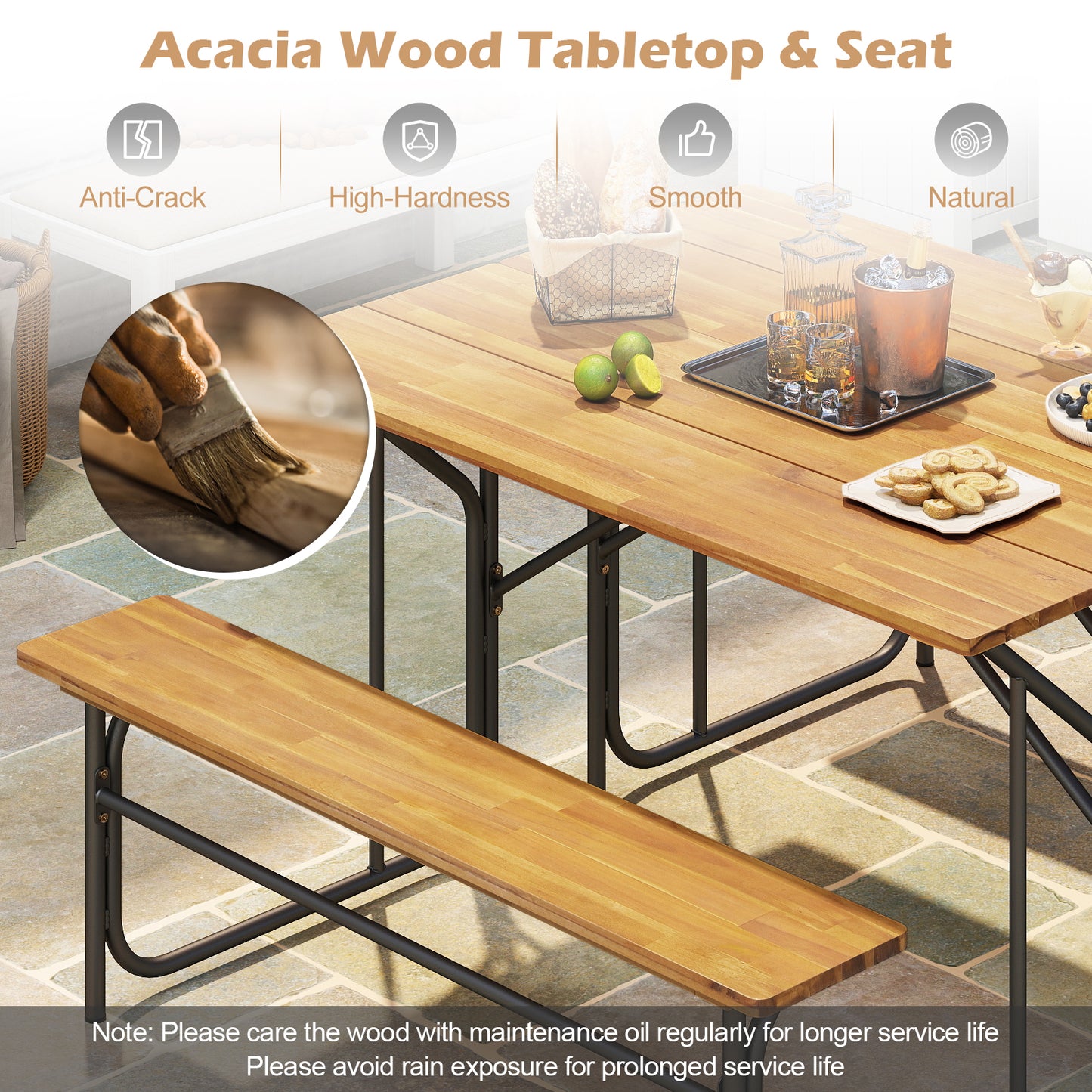 Acacia Wood Patio Table Bench for 2 People One-Side Picnic Table, Natural Picnic Tables at Gallery Canada