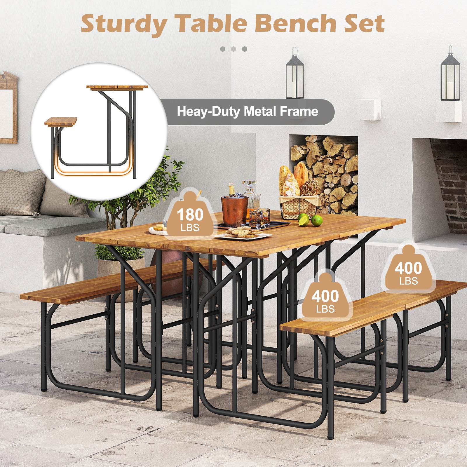 Acacia Wood Patio Table Bench Set One-Side Picnic Table and Seat, Natural Picnic Tables at Gallery Canada