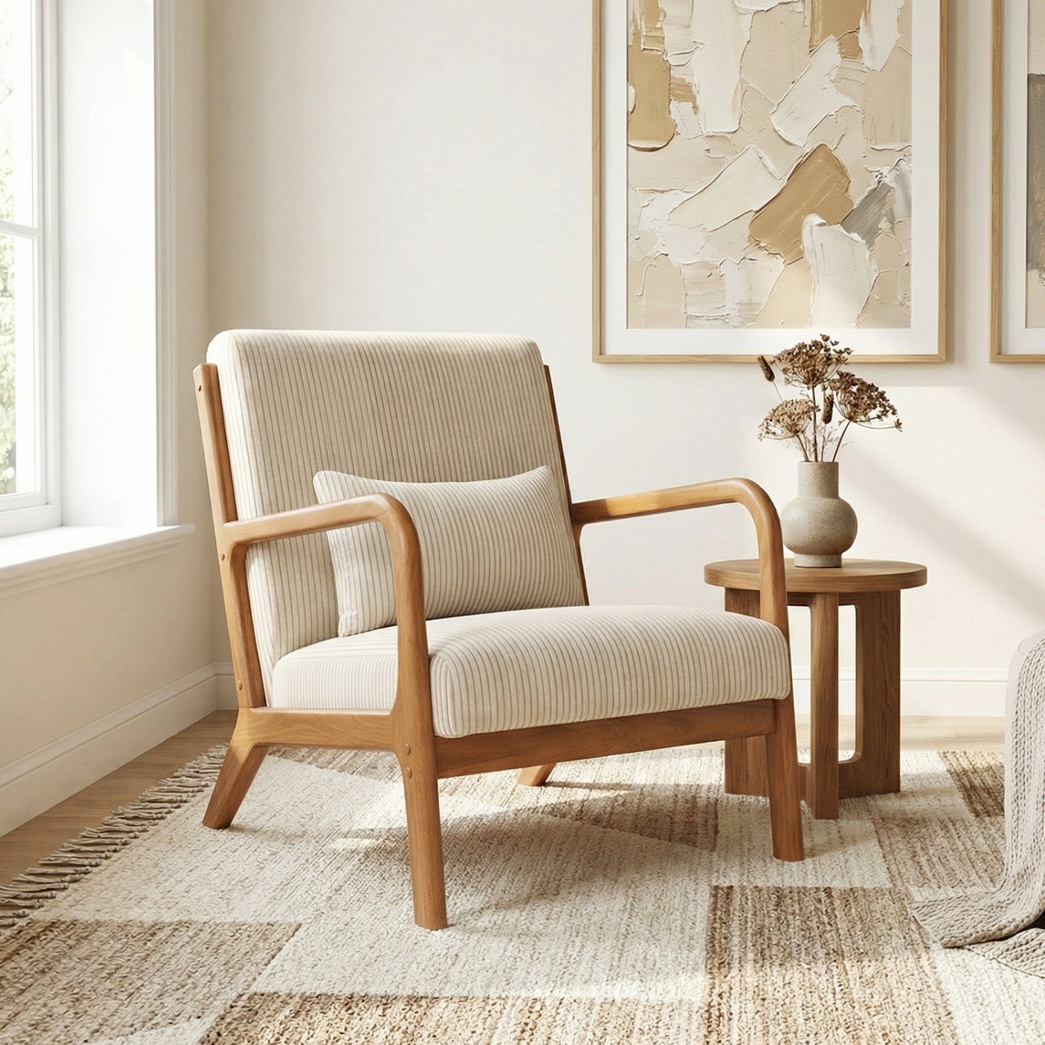 Accent Chair Corduroy Upholstered Lounge Chair with Lumbar Pillow, Beige Accent Chairs at Gallery Canada