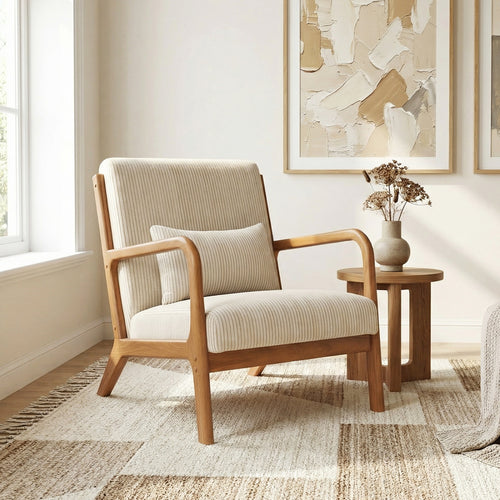 Accent Chair Corduroy Upholstered Lounge Chair with Lumbar Pillow, Beige