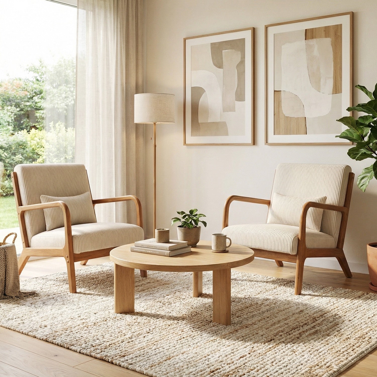 Accent Chair Corduroy Upholstered Lounge Chair with Lumbar Pillow, Beige Accent Chairs at Gallery Canada