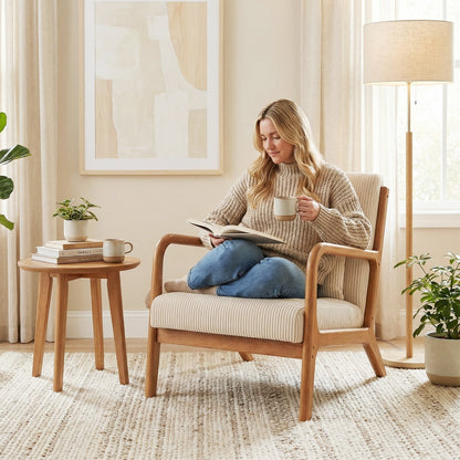 Accent Chair Corduroy Upholstered Lounge Chair with Lumbar Pillow, Beige Accent Chairs at Gallery Canada