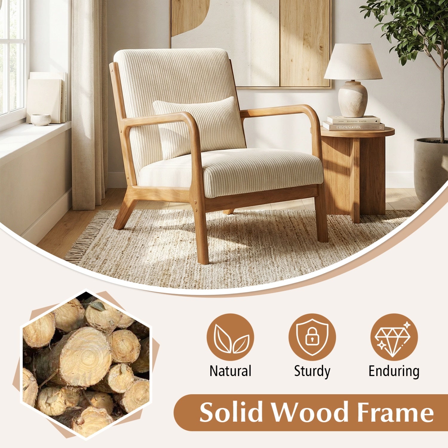 Accent Chair Corduroy Upholstered Lounge Chair with Lumbar Pillow, Beige Accent Chairs at Gallery Canada