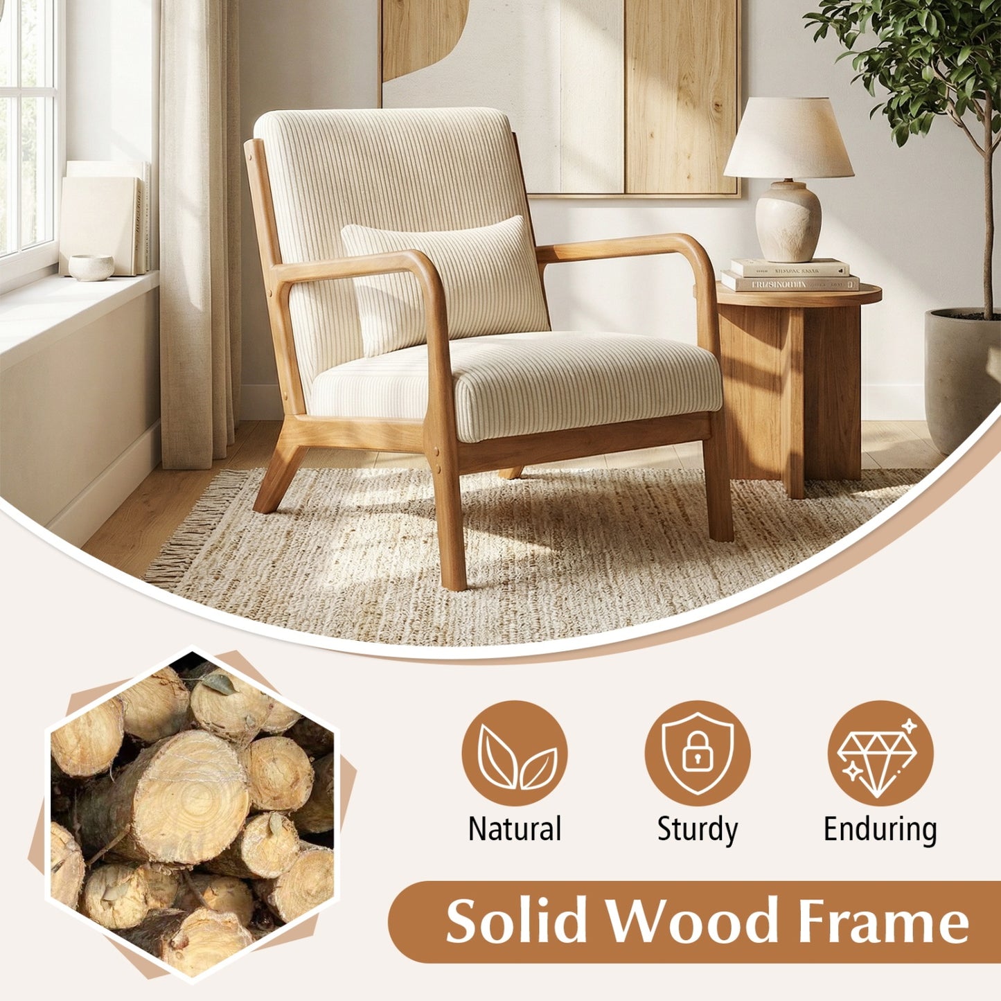 Accent Chair Corduroy Upholstered Lounge Chair with Lumbar Pillow, Beige Accent Chairs at Gallery Canada