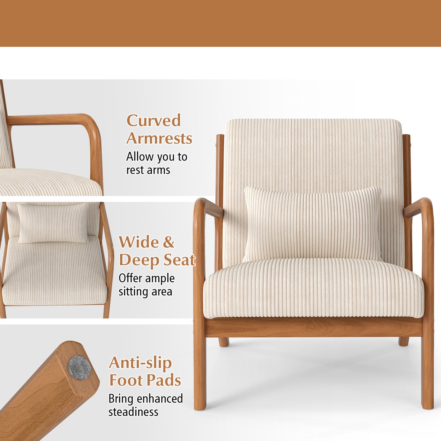 Accent Chair Corduroy Upholstered Lounge Chair with Lumbar Pillow, Beige Accent Chairs at Gallery Canada