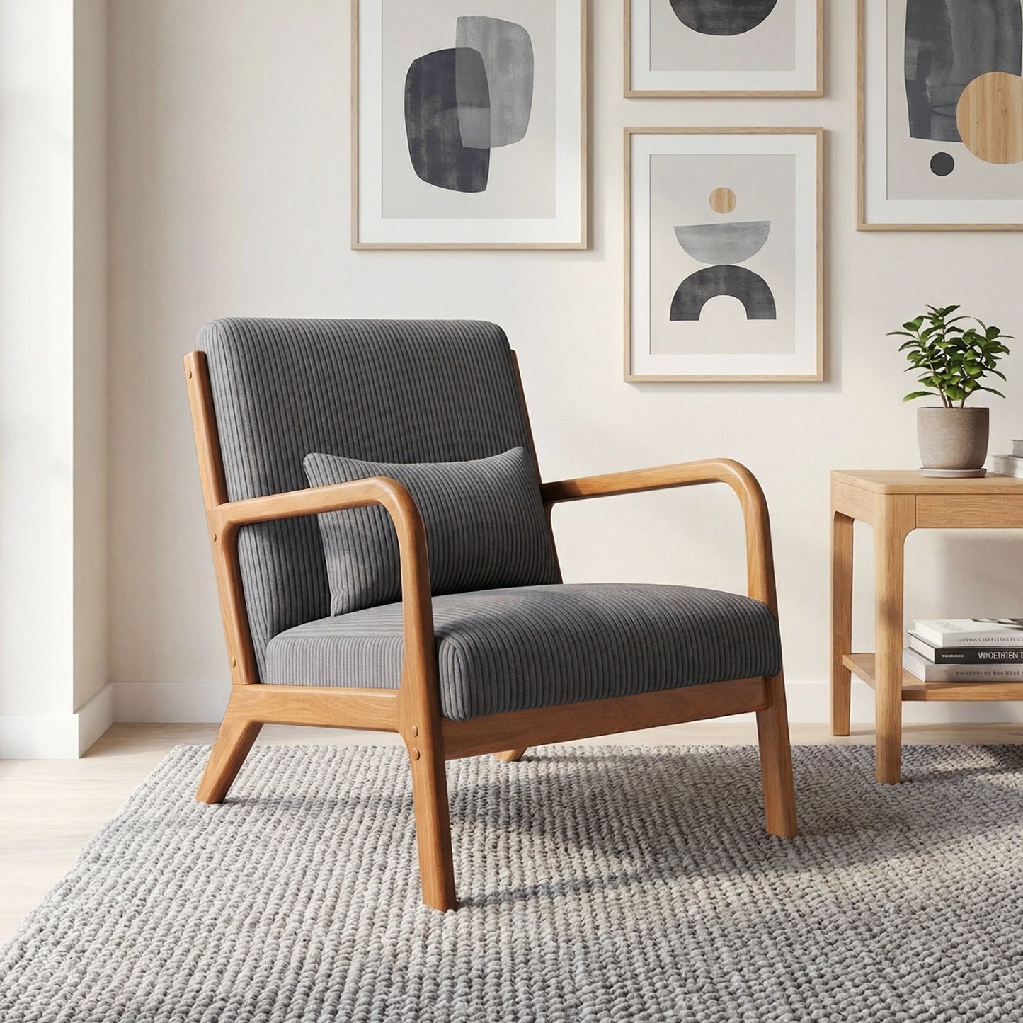 Accent Chair Corduroy Upholstered Lounge Chair with Lumbar Pillow, Gray Accent Chairs at Gallery Canada