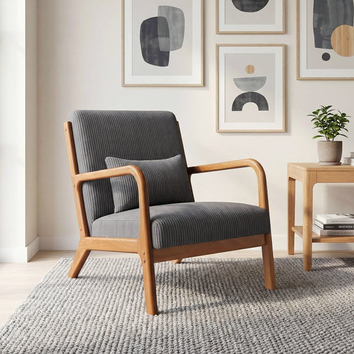 Accent Chair Corduroy Upholstered Lounge Chair with Lumbar Pillow, Gray
