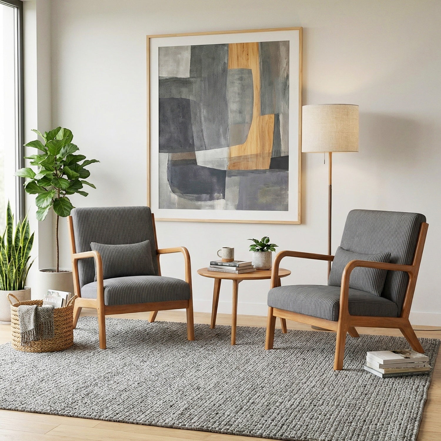 Accent Chair Corduroy Upholstered Lounge Chair with Lumbar Pillow, Gray Accent Chairs at Gallery Canada