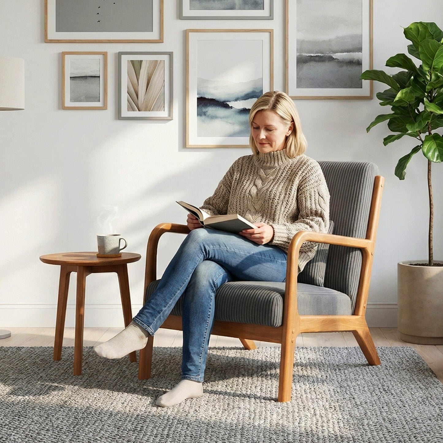 Accent Chair Corduroy Upholstered Lounge Chair with Lumbar Pillow, Gray Accent Chairs at Gallery Canada