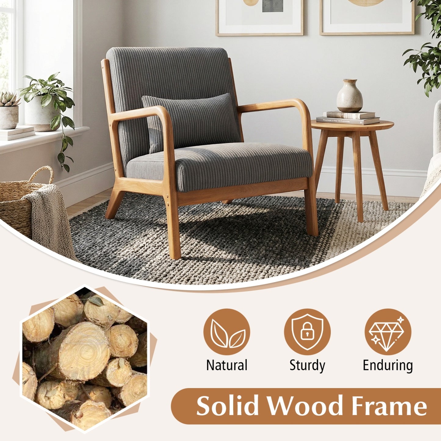 Accent Chair Corduroy Upholstered Lounge Chair with Lumbar Pillow, Gray Accent Chairs at Gallery Canada