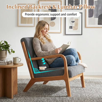 Accent Chair Corduroy Upholstered Lounge Chair with Lumbar Pillow, Gray Accent Chairs at Gallery Canada