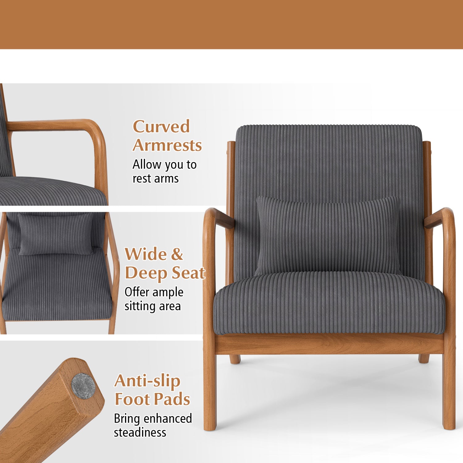 Accent Chair Corduroy Upholstered Lounge Chair with Lumbar Pillow, Gray Accent Chairs at Gallery Canada