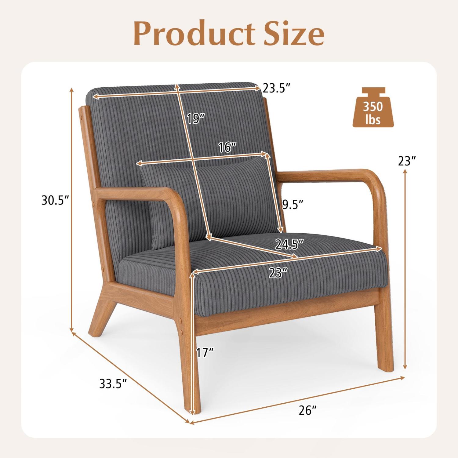 Accent Chair Corduroy Upholstered Lounge Chair with Lumbar Pillow, Gray Accent Chairs at Gallery Canada