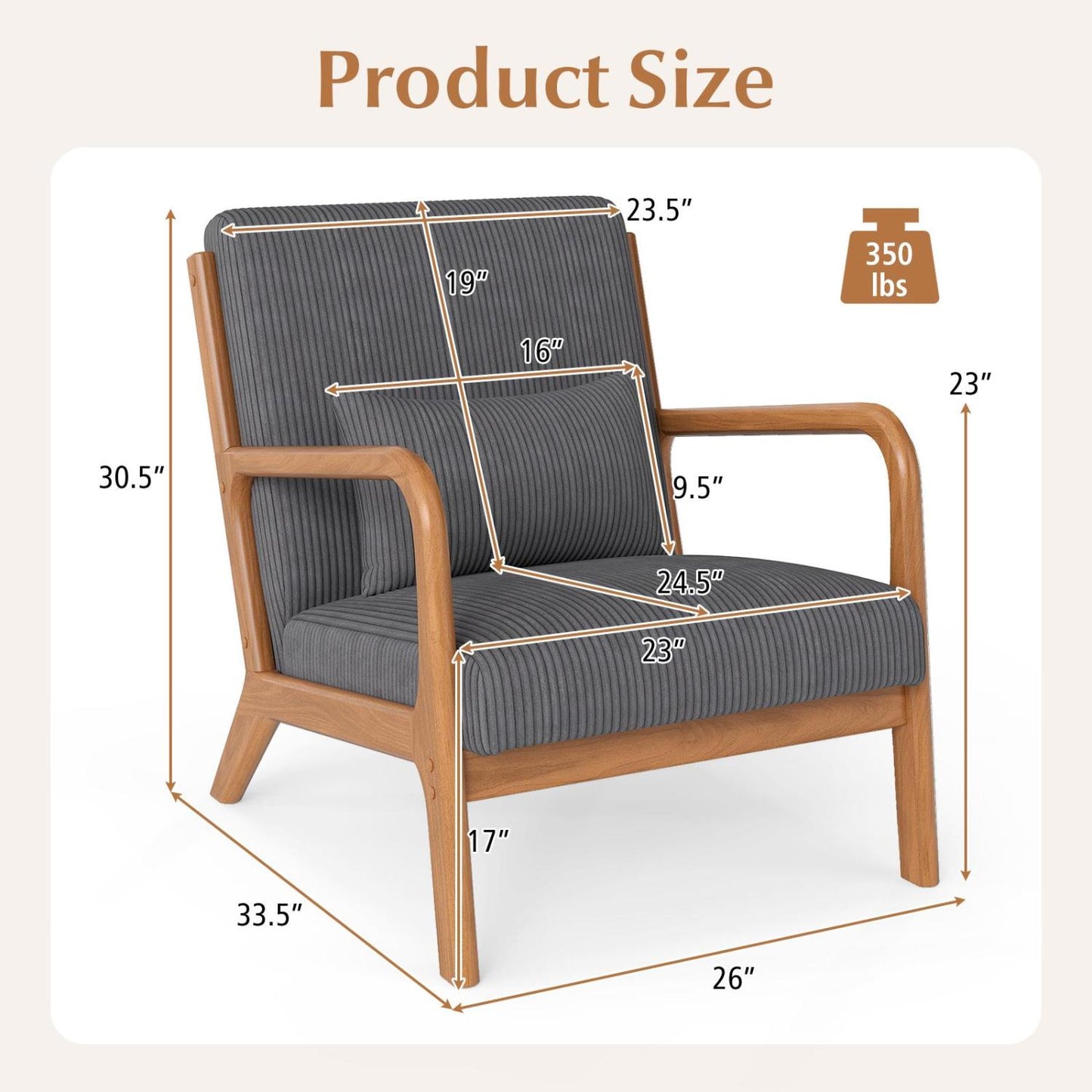 Accent Chair Corduroy Upholstered Lounge Chair with Lumbar Pillow, Gray Accent Chairs at Gallery Canada