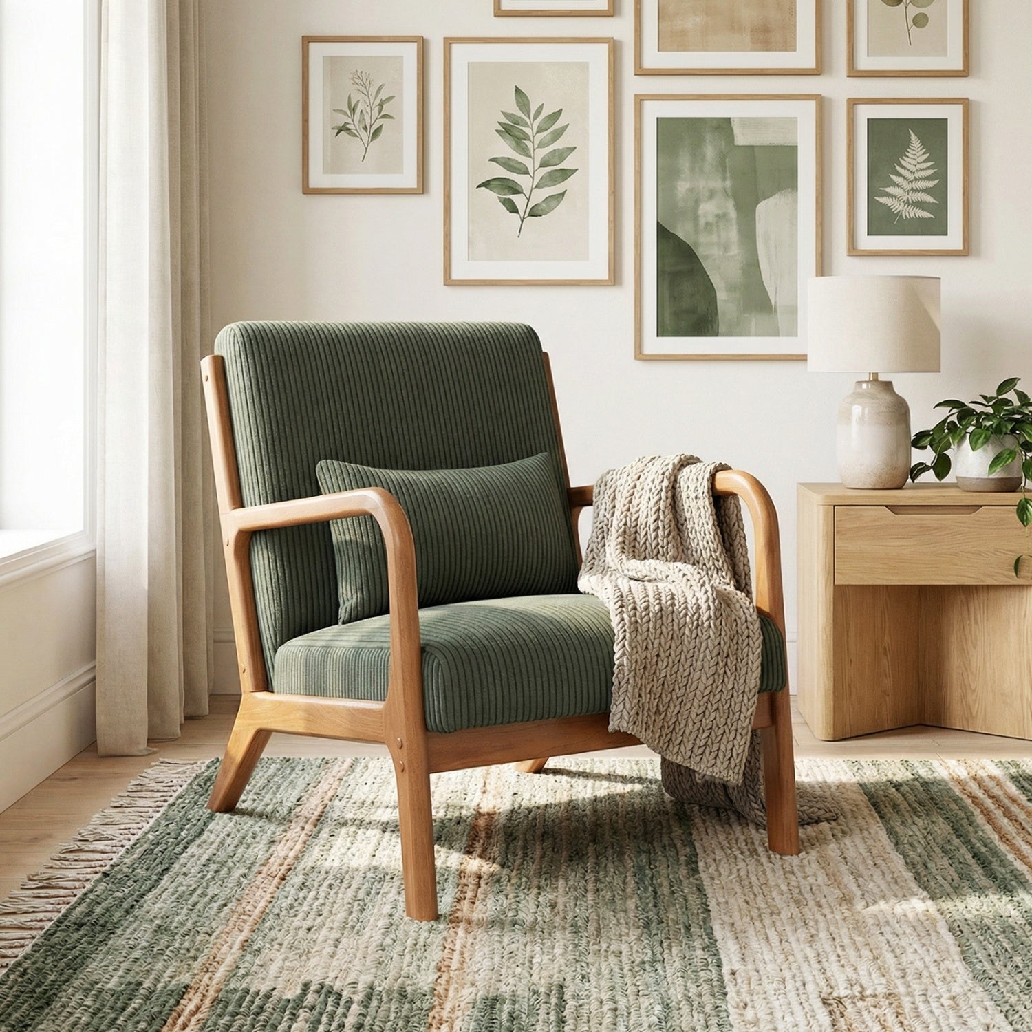 Accent Chair Corduroy Upholstered Lounge Chair with Lumbar Pillow, Green Accent Chairs at Gallery Canada