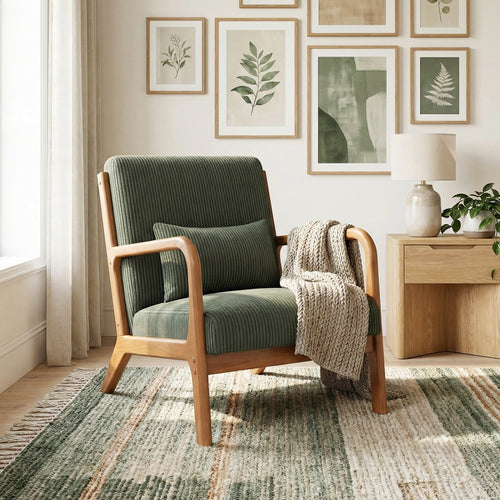 Accent Chair Corduroy Upholstered Lounge Chair with Lumbar Pillow, Green