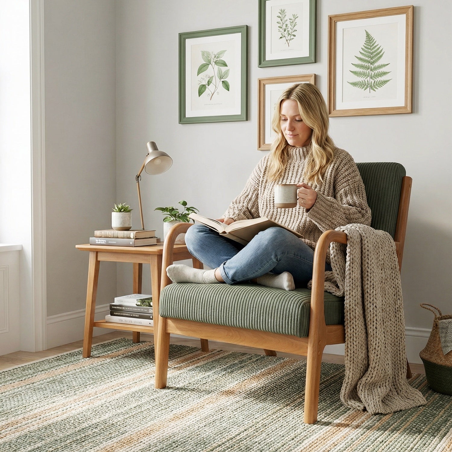 Accent Chair Corduroy Upholstered Lounge Chair with Lumbar Pillow, Green Accent Chairs at Gallery Canada