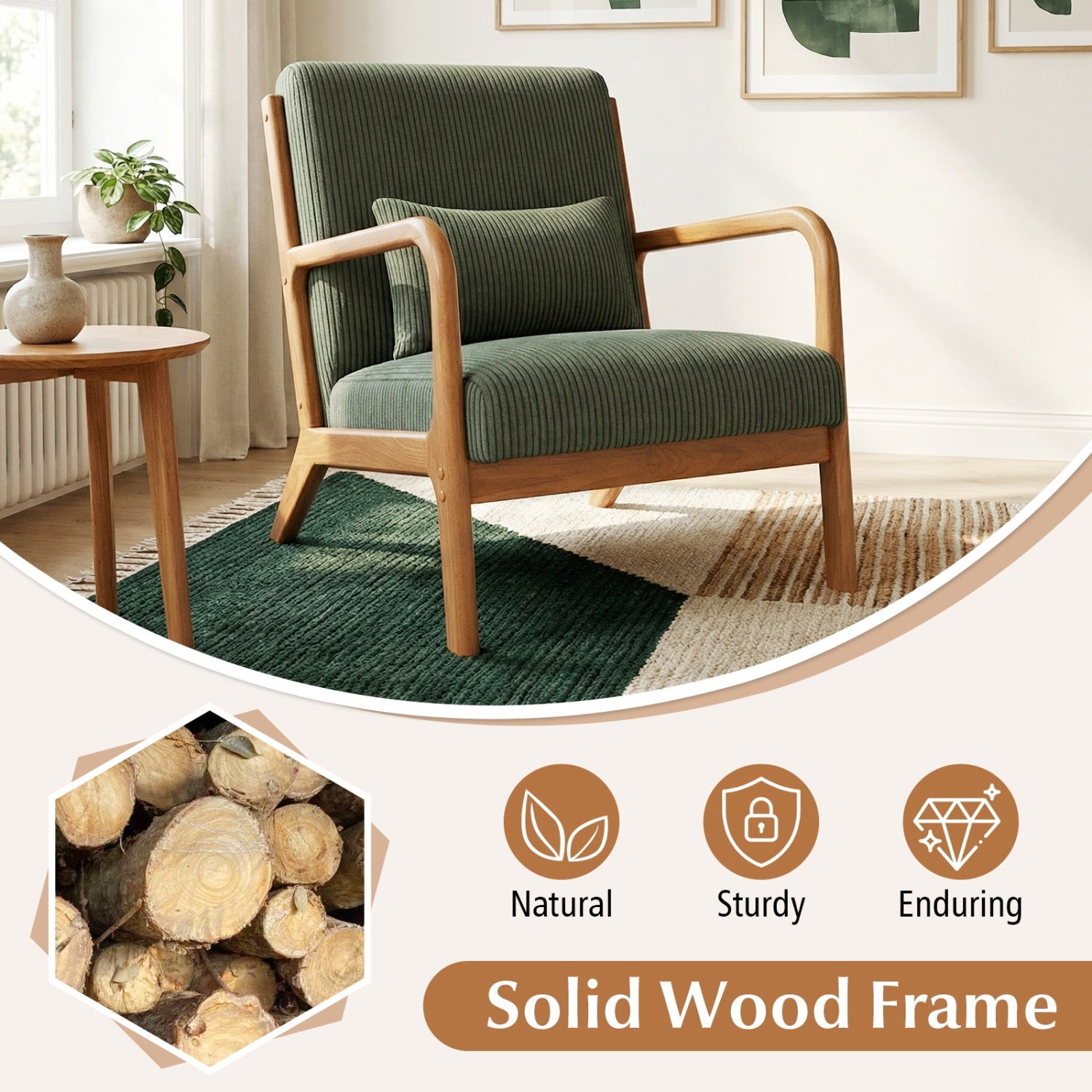 Accent Chair Corduroy Upholstered Lounge Chair with Lumbar Pillow, Green Accent Chairs at Gallery Canada
