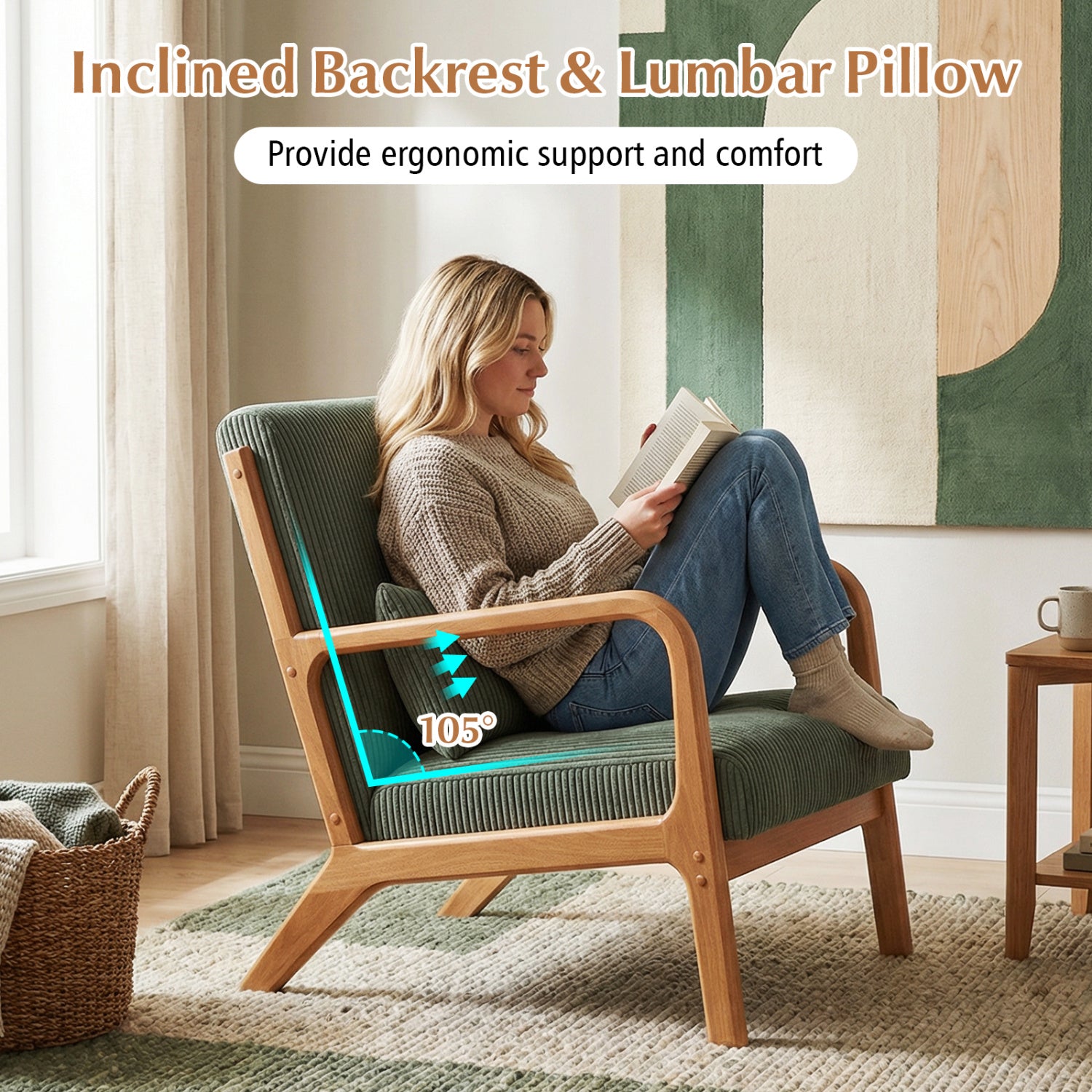 Accent Chair Corduroy Upholstered Lounge Chair with Lumbar Pillow, Green Accent Chairs at Gallery Canada