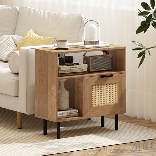 Accent Side End Table with Storage Shelf and Cabinet for Small Space, Natural