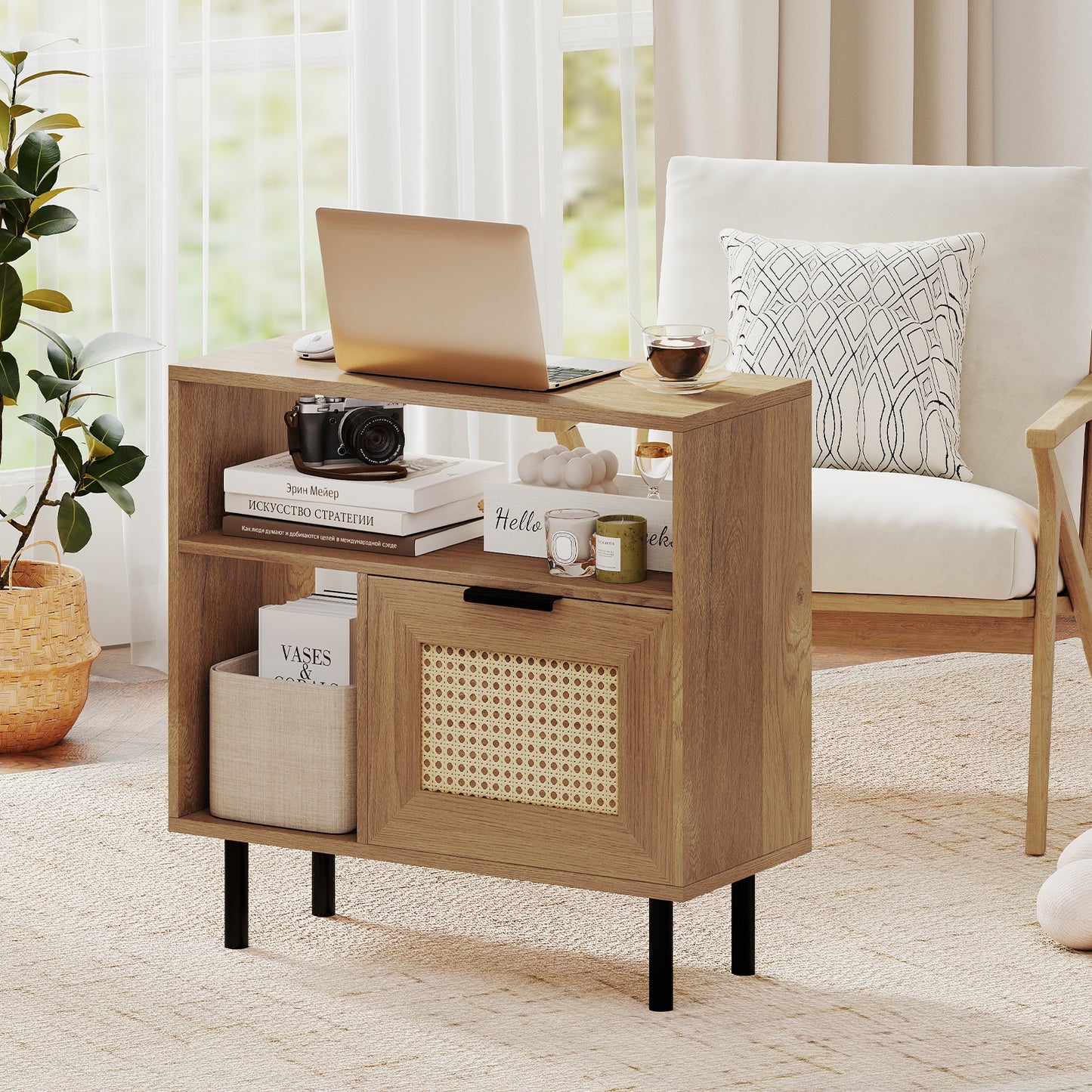 Accent Side End Table with Storage Shelf and Cabinet for Small Space, Natural End & Side Tables at Gallery Canada