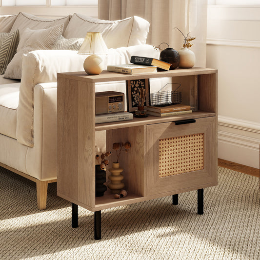 Accent Side Table With Storage Shelf, Cabinet, Natural