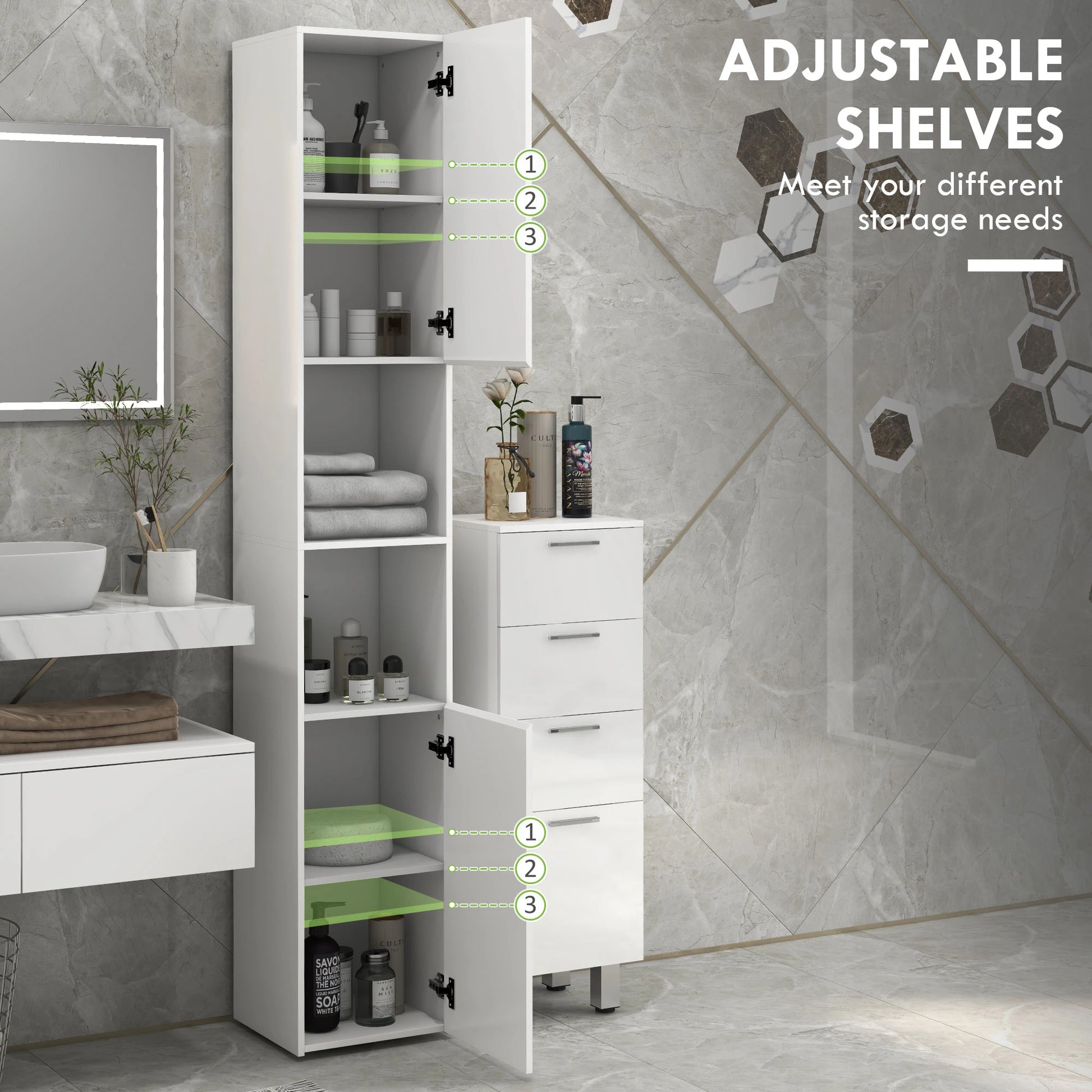 Tall Bathroom Cabinet, High Gloss Storage, Adjustable Shelves, 11.8" x 11.8" x 71.5", White Bathroom Cabinets at Gallery Canada