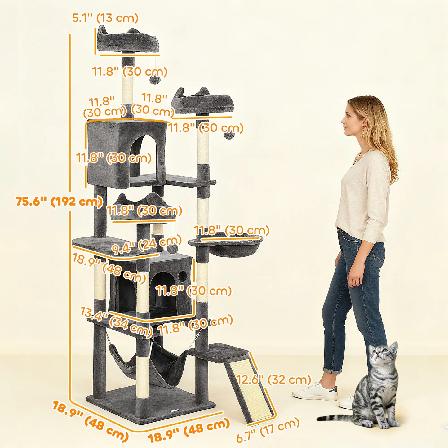 76" Large Cat Tree, 8 Scratching Posts, 3 Plush Beds, 2 Hammocks, Dark Grey Cat Towers at Gallery Canada