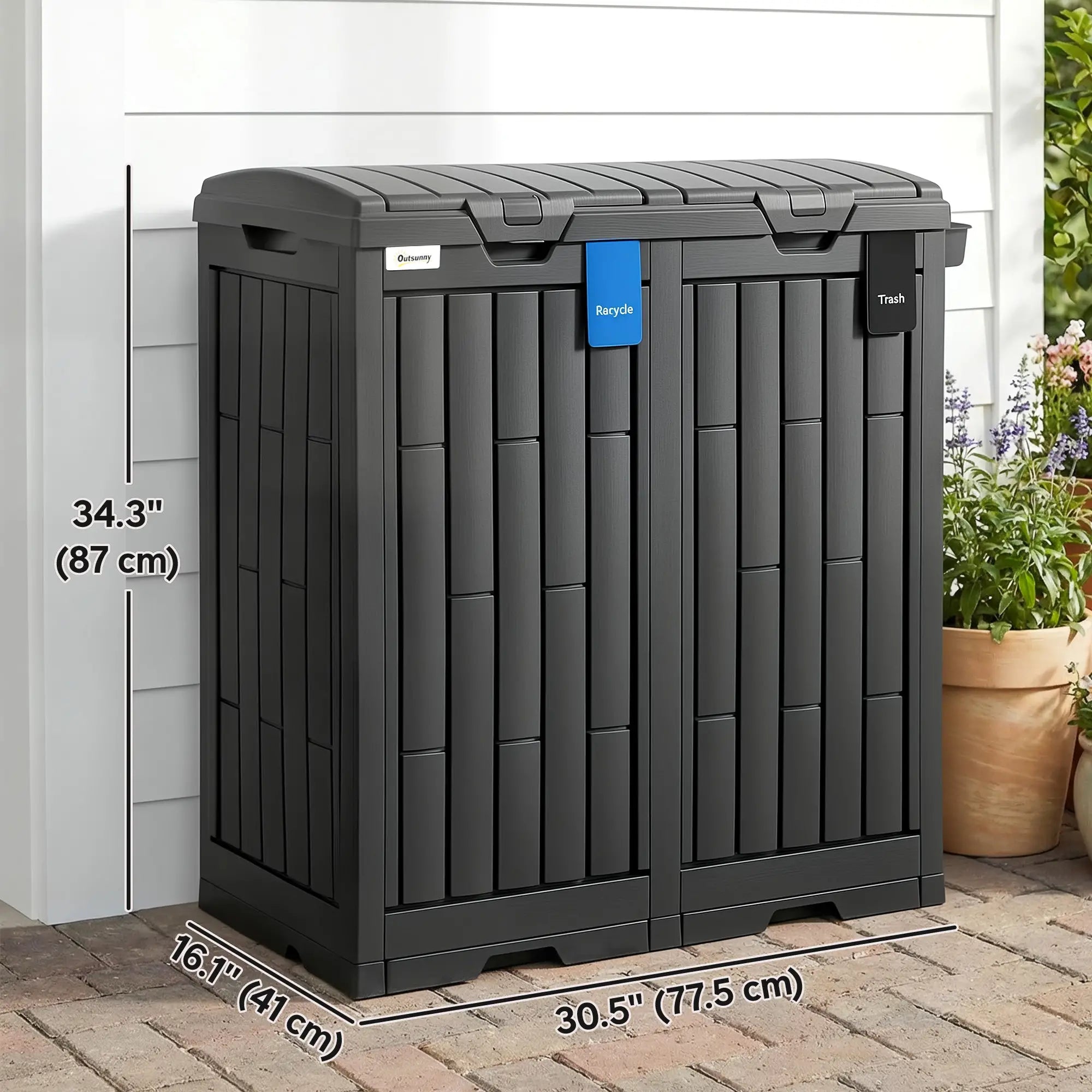 58 Gallon Double Outdoor Garbage Bin, Dual Lid, Plastic Waste Trash Can, Black Garden Accessories at Gallery Canada