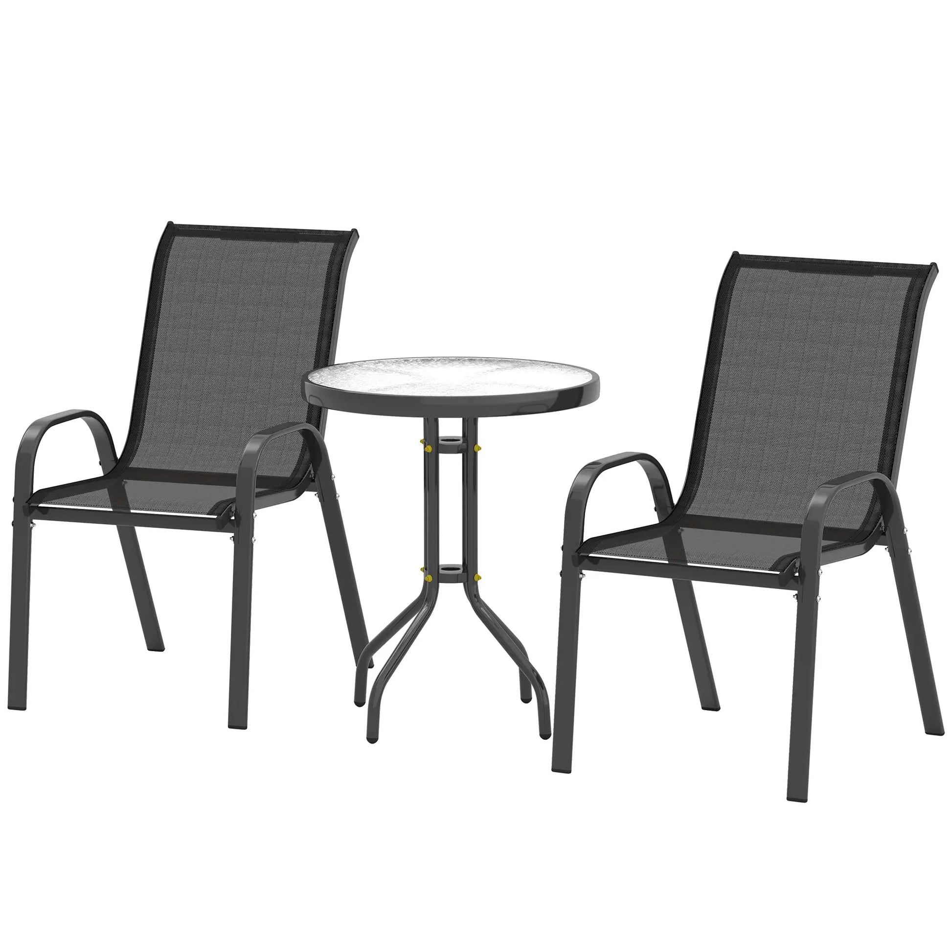 3 Piece Bistro Set, Stackable Mesh Chairs, Glass Table, Black Bistro Sets Black at Gallery Canada
