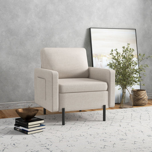 Armchair, Fabric Accent Chair, Modern Living Room Chair with Metal Legs, 2 Side Pockets for Bedroom, Cream - Gallery Canada