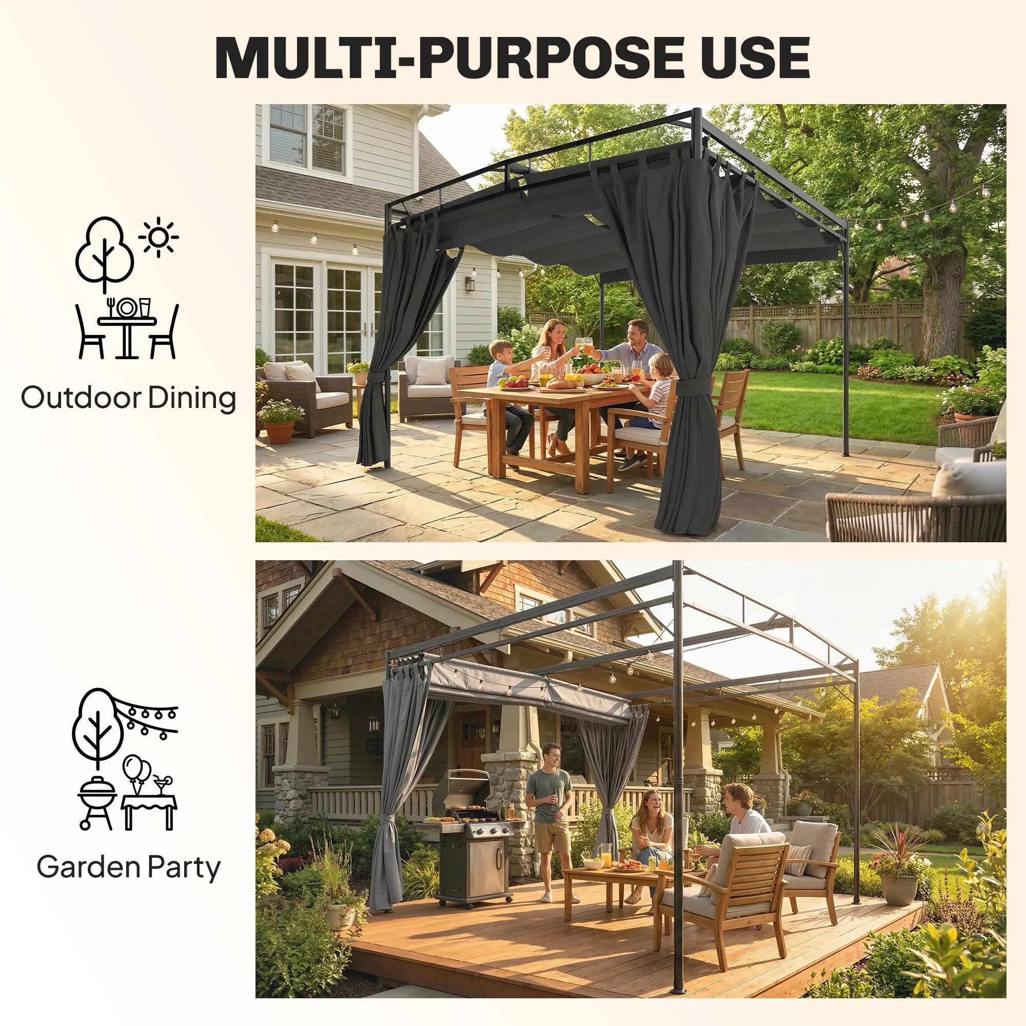 10' x 10' Retractable Pergola Canopy, Metal Garden Gazebo Sun Shade Pergolas at Gallery Canada